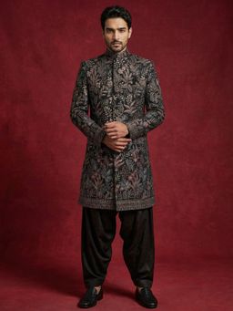 Jompers - Black Velvet Embroidered Indo-Western Sherwani with Salwar