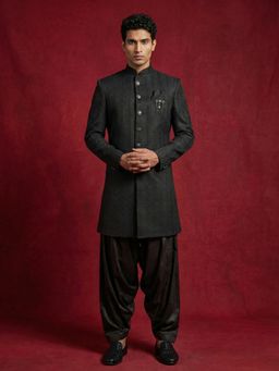 Jompers - Black Silk Blend Textured Indo-Western Sherwani with Salwar