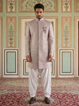 Jompers - Purple Silk Blend Embroidered Indo-Western Sherwani with Salwar