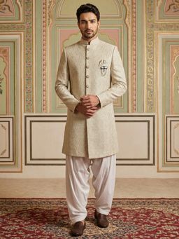 Jompers - Cream Silk Blend Embroidered Indo-Western Sherwani with Salwar