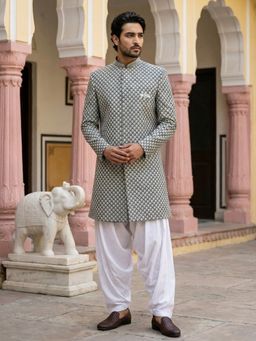 Jompers - Olive Silk Blend Embroidered Indo-Western Sherwani with Salwar