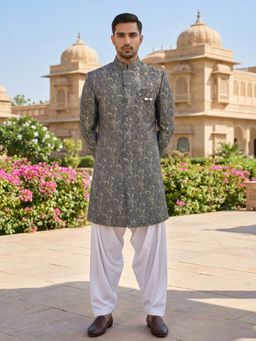 Jompers - Grey Silk Blend Embroidered Indo-Western Sherwani with Pyjama