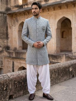 Jompers - Grey Silk Blend Embroidered Indo-Western Sherwani with Salwar