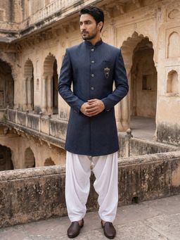 Jompers - Navy Blue Silk Blend Textured Indo-Western Sherwani with Salwar
