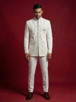 Jompers - Off White Cotton Blend Embroidered Indo-Western Sherwani with Pant
