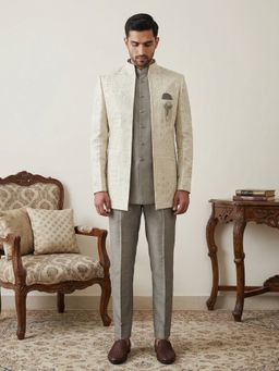 Jompers - Men Off White Silk Blend Embroidered Indo-Western Kurta with Sherwani with Pant