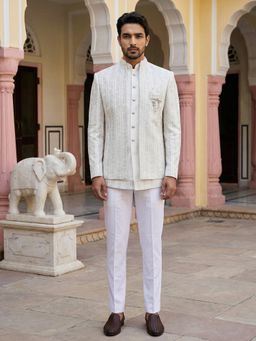 Jompers - Off White Silk Blend Embroidered Indo-Western Kurta with Sherwani with Pant