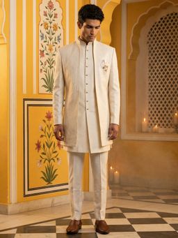 Jompers - Cream Silk Blend Textured Indo-Western Kurta with Sherwani with Pant