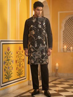 Jompers - Men Black Silk Blend Embroidered Kurta and Pyjama