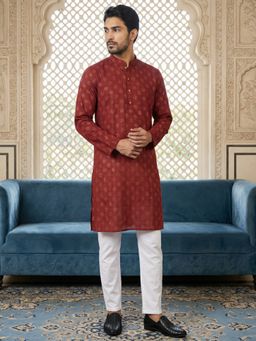 Jompers - Men Maroon Classic Cotton Blend Foil Print Kurta and Pyjama