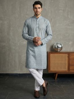 Jompers - Men Blue Foil Printed Cotton Blend Kurta and Pyjama