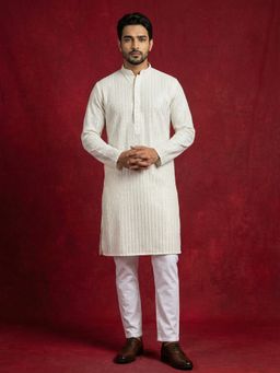 Jompers - Men Off White Sequins Embroidered Kurta and Pyjama