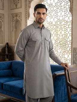Jompers - Men Grey Solid Pathani Kurta and Salwar