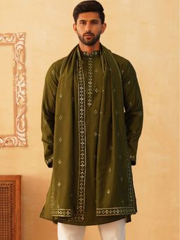 Jompers - Olive Silk Sequined Kurta and Dupatta