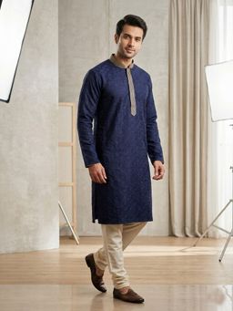 ETHNIC INDIA - Blue Men Floral Polyester Kurta