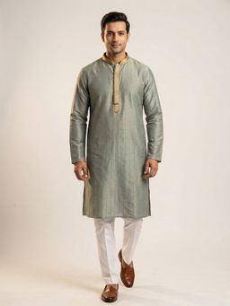 ETHNIC INDIA - Green Men Striped Polyester Kurta