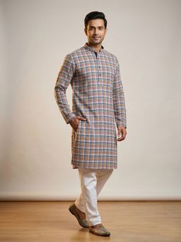 ETHNIC INDIA - Blue Men Checked Cotton Kurta