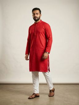 ETHNIC INDIA - Red Men Woven Design Cotton Kurta