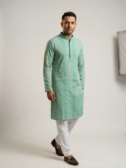 ETHNIC INDIA - Green Men Striped Polyester Kurta
