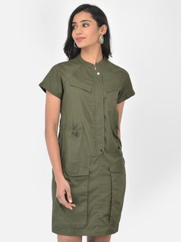 Latin Quarters - Green Half Sleeve Twill Solid Dress