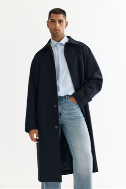 H&M - Men Blue Loose Fit Belted Mac-Style Coat
