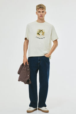 H&M - Men Beige Loose Fit Printed T-Shirt