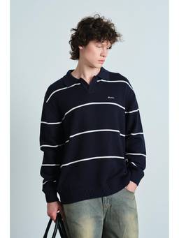 Bonkers Corner - Courtside Stripe Knit Polo For Men - Navy Blue