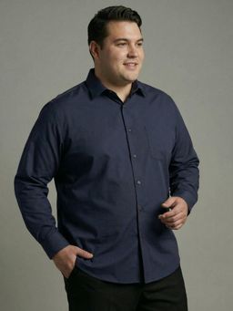 UNSTD - Men Plus Size Solid Poplin Cotton Shirt Casual Semi-Formal Full Sleeves - Blue