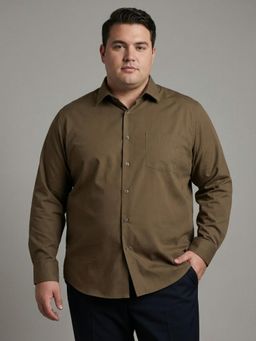 UNSTD - Men Plus Size Solid Poplin Cotton Shirt Casual Semi-Formal Full Sleeves - Tan