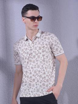 CRIMSOUNE CLUB - Mens Brown Floral Print Polo T-Shirt