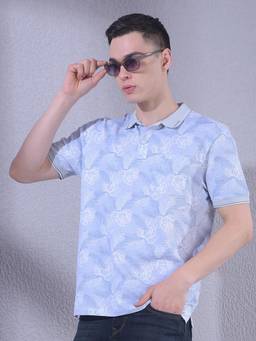 CRIMSOUNE CLUB - Mens Blue Floral Print Polo T-Shirt