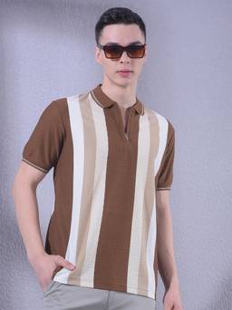 CRIMSOUNE CLUB - Mens Brown Vertical Stripes Polo T-Shirt