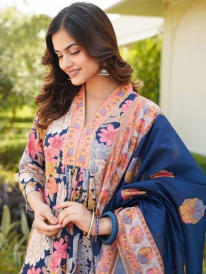 Women's Blue Cotton Floral Anarkali Kurta Plazzo With Dupatta