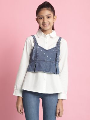 Nautinati Embroidered Blue Top and White Shorts Set for Girls