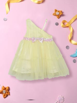 Nautinati Girls Yellow Solid Layered A-Line Dress