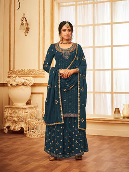 Odette - Teal Embroidered with Embellished Georgette Semi Stitched Dress Material (Set of 3)