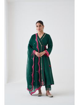 Janki India - Dark Green Embroidered Angrakha with Pant and Dupatta (Set of 3)