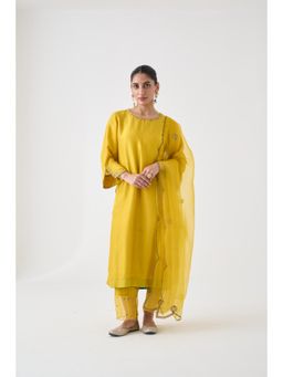 Janki India - Yellow Silk Dupion Embroidered Kurta with Pant and Dupatta (Set of 3)