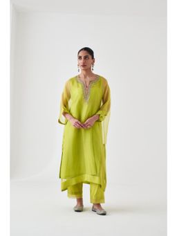 Janki India - Lime Green Organza Embroidered Kaftan with Slip and Pant (Set of 3)