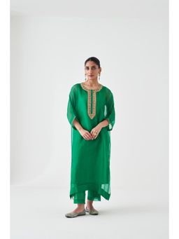 Janki India - Green Organza Embroidered Kaftan with Slip and Pant (Set of 3)