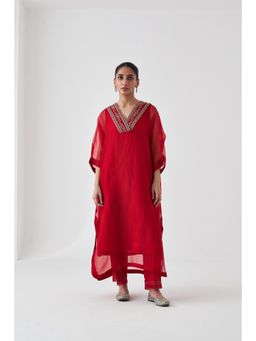 Janki India - Red Organza Embroidered Kaftan with Slip and Pant (Set of 3)