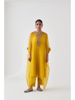 Janki India - Yellow Organza Embroidered Kaftan with Slip and Pant (Set of 3)