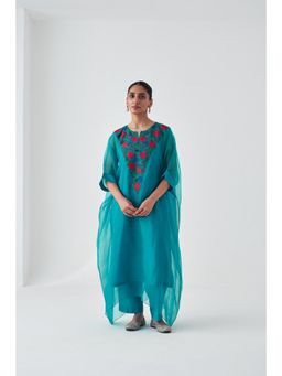 Janki India - Turquoise Organza Embroidered Kaftan with Slip and Pant (Set of 3)