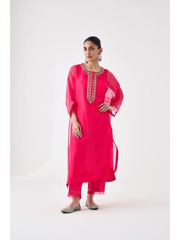 Janki India - Fuchsia Organza Embroidered Kaftan with Slip and Pant (Set of 3)