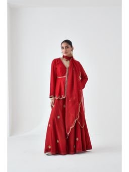 Janki India - Maroon Silk Dupion Embroidered Peplum Kurti with Sharara and Dupatta (Set of 3)