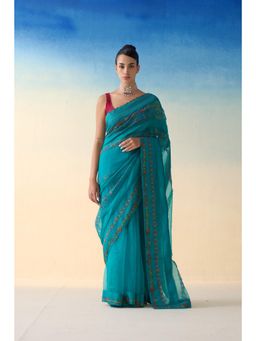 Janki India - Turquoise Silk Embroidered Saree and Petticoat Without Blouse
