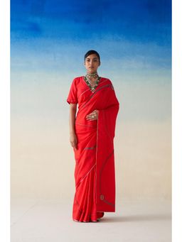 Janki India - Red Silk Embroidered Saree and Petticoat Without Blouse