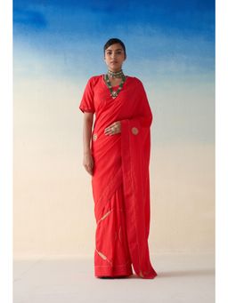 Janki India - Red Silk Embroidered Motifs Saree and Petticoat Without Blouse