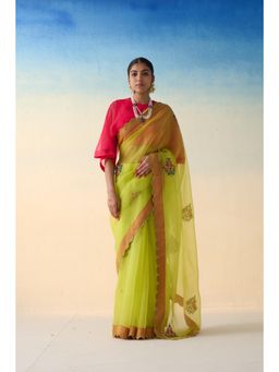 Janki India - Lime Green Organza Floral Motifs Saree and Petticoat Without Blouse