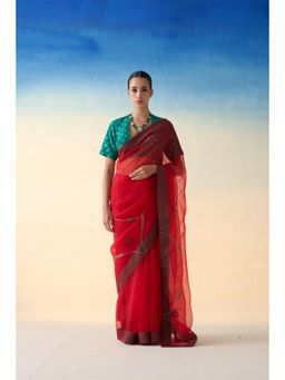 Janki India - Red Jaal Embroidered Organza Saree and Petticoat Without Blouse